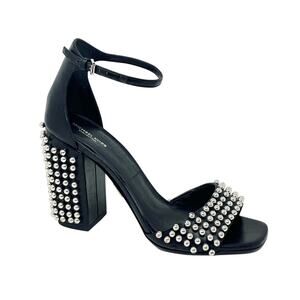 MICHAEL KORS COLLECTION Studded Block Heel Black Leather Ankle Strap SZ 37.5